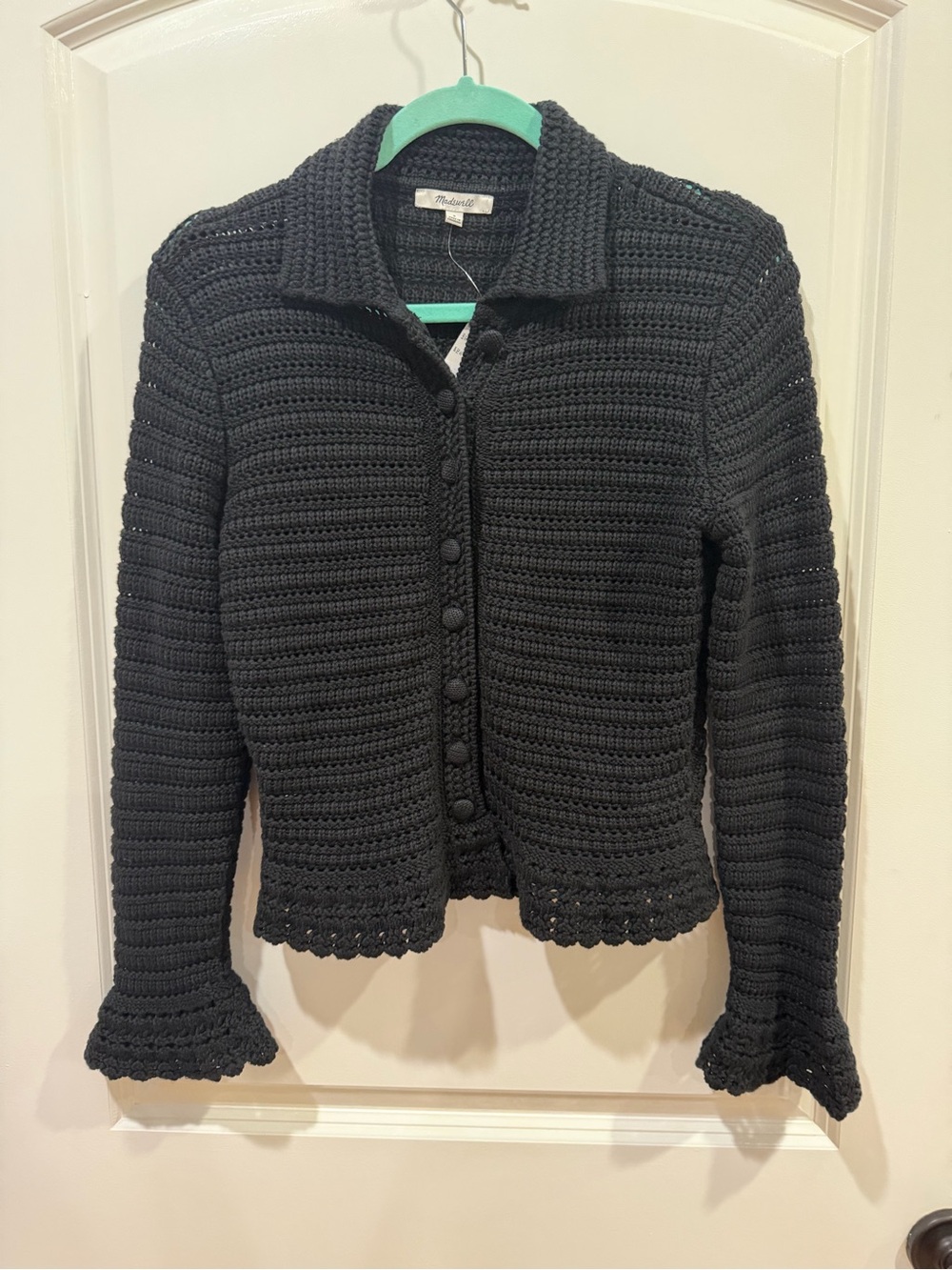 Hand-Crocheted Black Button-Front Sweater Jacket